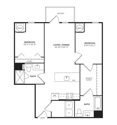 Floor plan for 2 beds, 2 baths, 1056 sqft